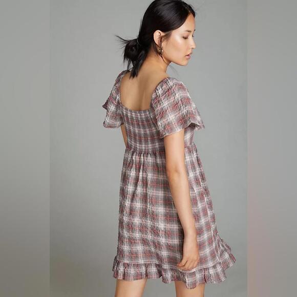 Maeve Anthropologie Grey & Red Plaid Flutter Sleeve Crepe Mini Dress- Size Small - Picture 3 of 9